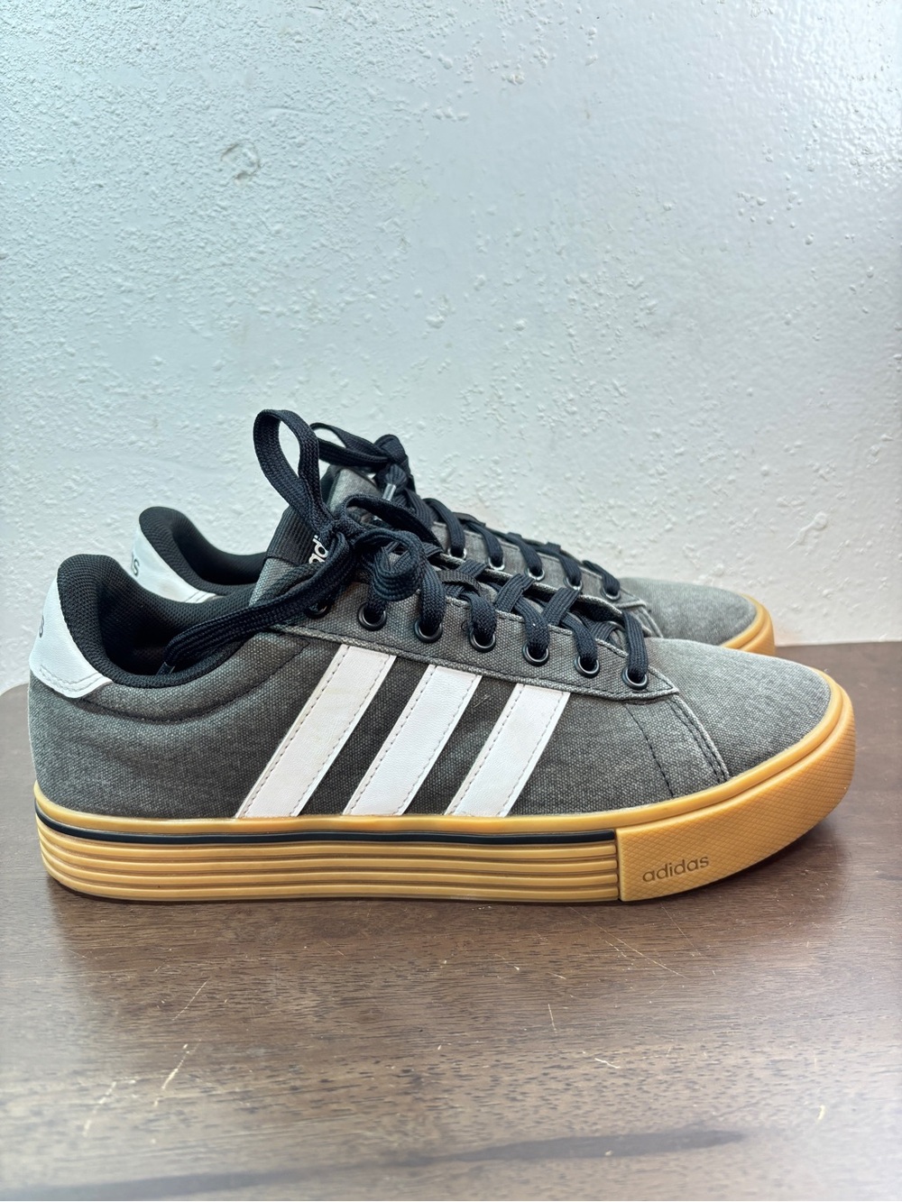 Adidas Men’s Gray Canvas Sneakers with White Stripes and Gum Sole